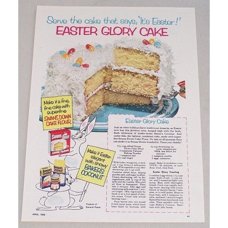 1953 Swans Down Cake Flour Easter Cake Recipe Color Print Ad