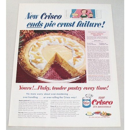 1953 Crisco Shortening Pineapple Chiffon Pie Recipe Color Print Ad