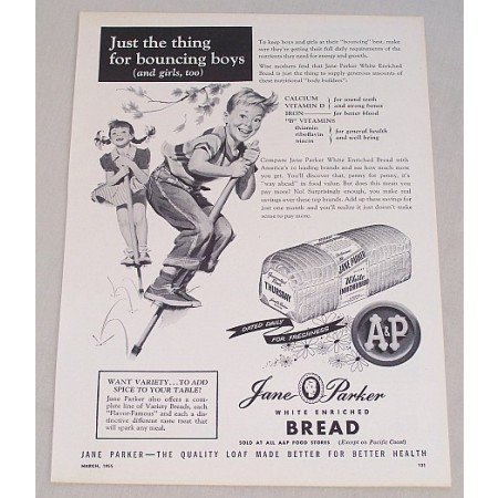 1955 A&P Jane Parker White Bread Kids Pogo Stick Art Print Ad