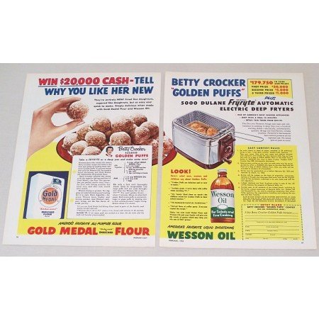1953 Gold Medal Flour Wesson Golden Puffs Recipe 2 Page Color Print Ad
