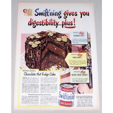 1952 Swift'ning Shortening Chocolate Fudge Cake Recipe Color Print Ad