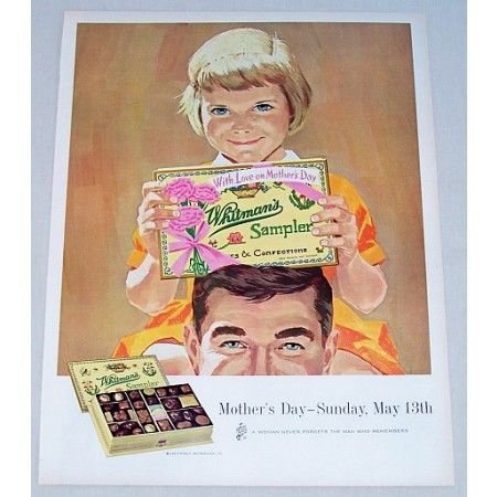 1962 Whitman's Chocolate Sampler Color Mothers Day Art Color Print Ad