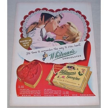 1950 Whitman's Sampler Candy Valentines Color Print Ad