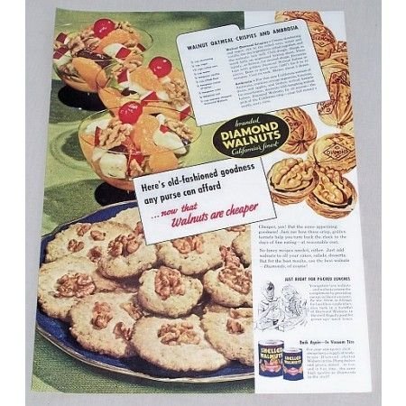 1947 Diamond Walnuts Oatmeal Crispies Recipe Color Print Ad