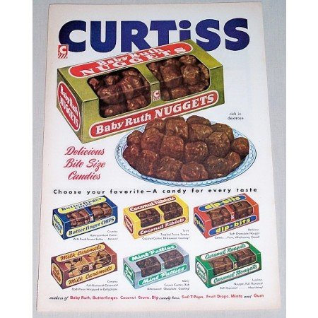 1952 Curtiss Bite Size Baby Ruth Nuggets Candy Color Print Ad