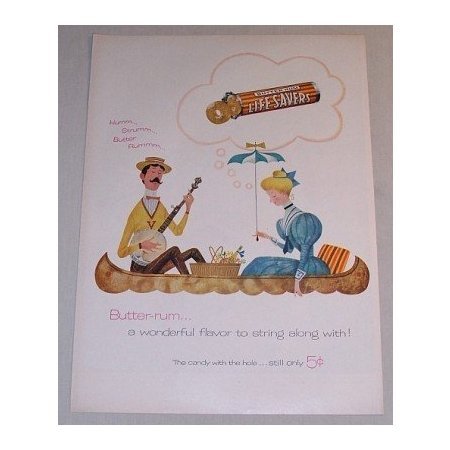 1955 Butter Rum Life Savers Candy Canoe Banjo Art Color Print Ad