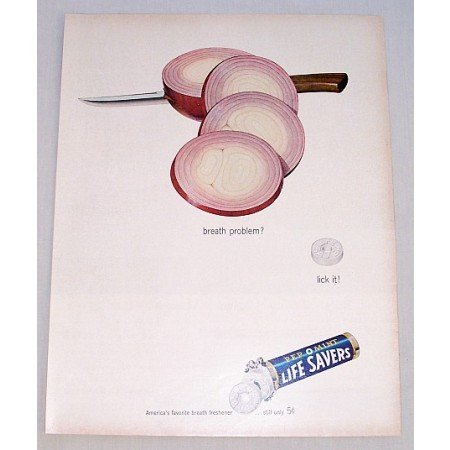 1962 Life Savers Pep O Mint Candy Color Onions Art Ad - Breath Problem?