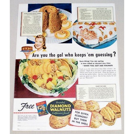 1942 Diamond Walnuts Color Print Ad - Are You The Gal Who Keeps'em Guessing?