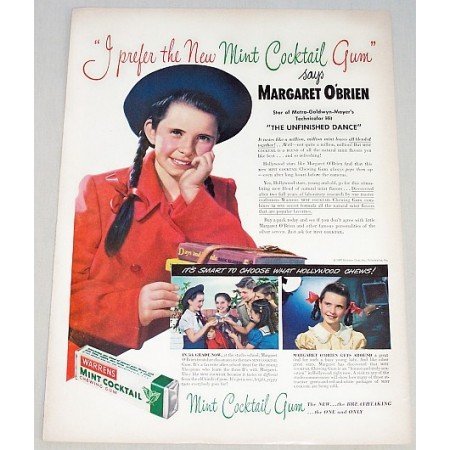 1947 Warrens Mint Gum Color Print Ad Celebrity Margaret O'Brien