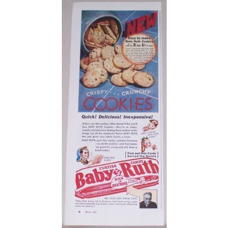 1942 Curtiss Baby Ruth Candy Bar Cookie Recipe Color Print Ad