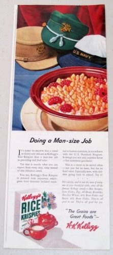 1945 Kellogg's Rice Krispies Color Print Ad - Doing A Mans Size Job