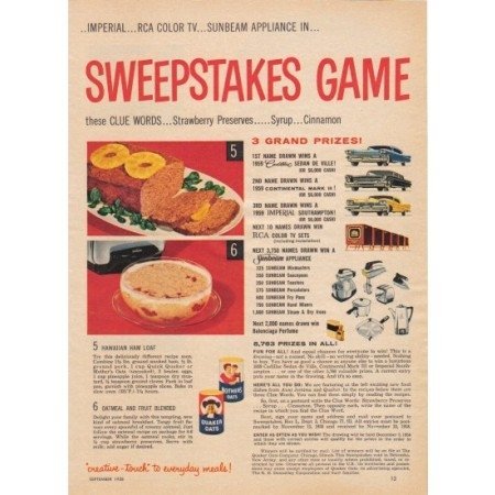 1958 Quaker Mother's Oats Sweepstakes Game Color Print Ad