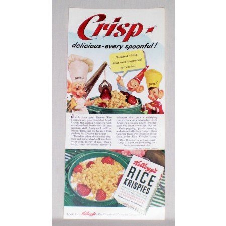 1942 Kellogg's Rice Krispies Color Art Print Ad - Every Spoonful!