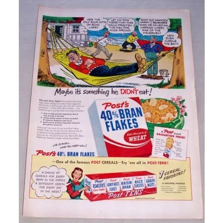 1950 Post's Bran Flakes Cereal Cartoon Art Color Print Ad