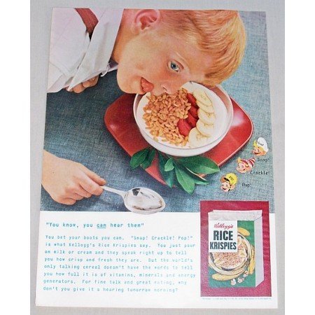 1955 Kellogg's Rice Krispies Cereal Color Print Ad - U can hear them