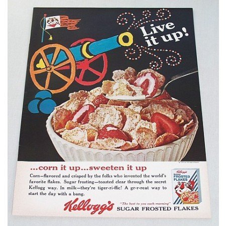 1965 Kellogg's Sugar Frosted Flakes Cannon Art Color Print Ad - Live It Up!
