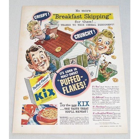 1944 General Mills Kix Cereal Color Art Print Ad - Breakfast Skipping