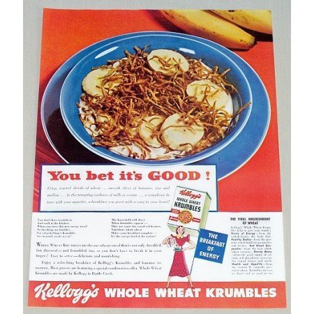 1938 Kellogg's Whole Wheat Krumbles Cereal Color Print Ad