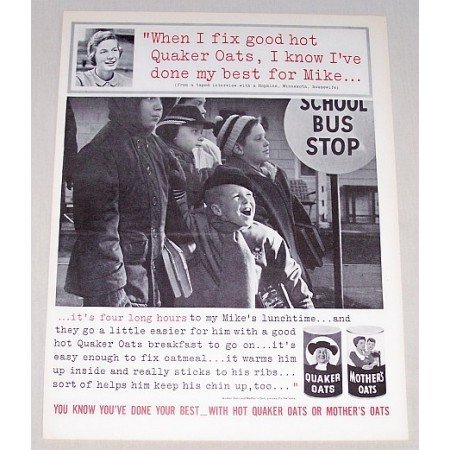 1961 Quaker Mother's Oats Print Ad - School Bus Stop