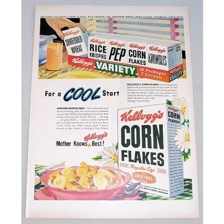 1948 Kellogg's Corn Flakes Color Print Ad - For A Cool Start