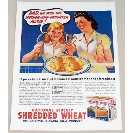 1939 Nabisco Shredded Wheat Color Tennis Art Print Ad - Dad We Won