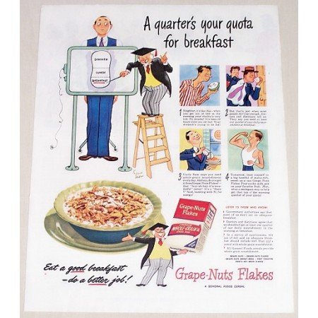 1944 Grape Nut Flakes Cereal Color Print Ad - A Quarter's Your Quota