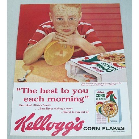 1959 Kellogg's Corn Flakes Cereal Freckled Face Boy Color Print Ad