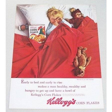 1963 Kellogg's Corn Flakes Color Print Ad - Early To Bed...