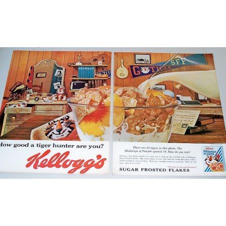 1962 Kelloggs Frosted Flakes Cereal Tiger Hunt Game 2 Page Color Print Ad