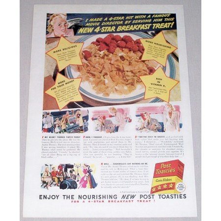 1941 Post Toasties Corn Flakes Cereal Color Print Ad - 4-Star Treat