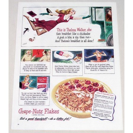 1944 Grape Nut Flakes Cereal Color Art Print Ad - This Is Thelma Walker