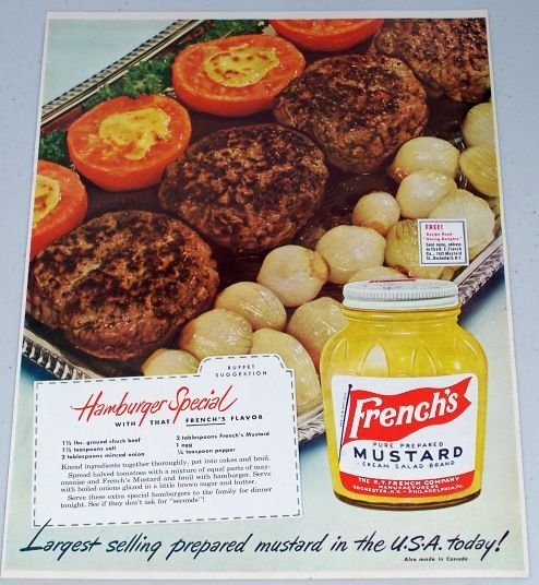 1949 French's Mustard Hamburger Special Recipe Color Food Condiment Print Ad