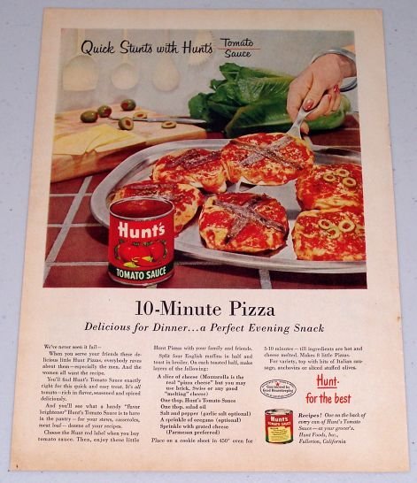 1955 Hunt's Tomato Sauce 10 Minute Pizza Recipe Color Print Ad