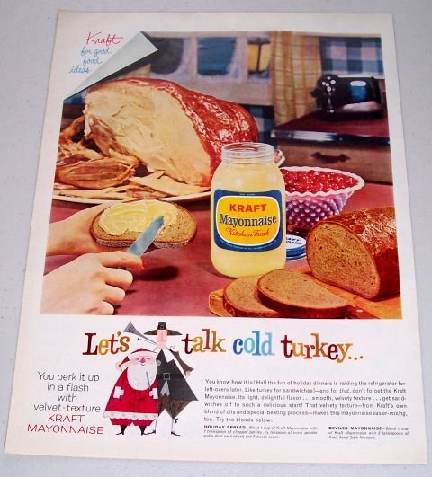 1960 Kraft Mayonnaise Color Print Ad - Let's Talk Cold Turkey