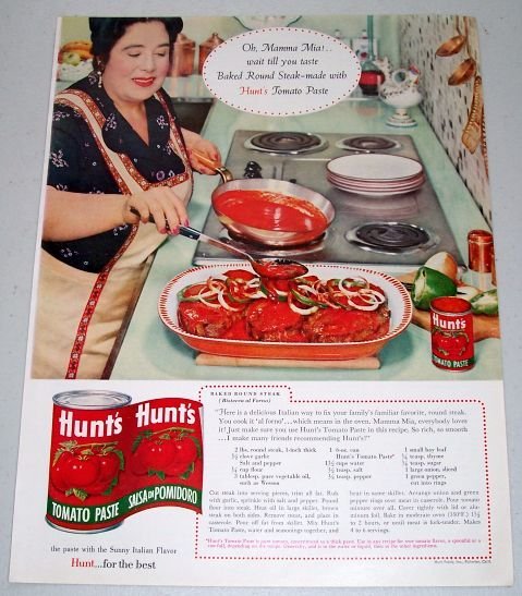 1960 Hunt's Tomato Paste Baked Round Steak Recipe Color Print Ad