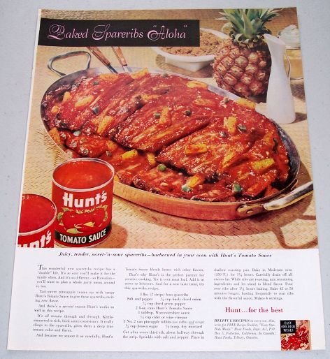 1960 Hunt's Tomato Sauce Sweet n' Sour Spare Ribs Recipe Color Print Ad