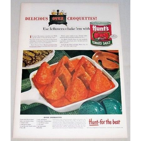 1948 Hunt's Tomato Sauce Oven Croquettes Recipe Color Print Ad