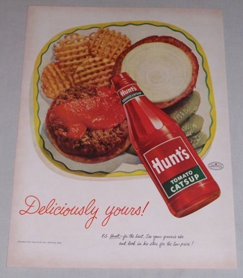 1952 Hunt's Tomato Catsup Waffle Fries Color Art Print Ad