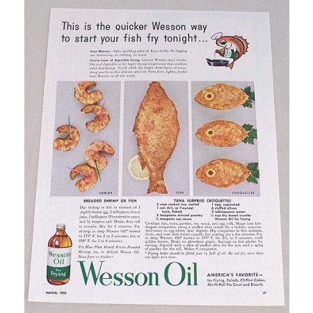 1955 Wesson Oil Tuna Suprise Croquettes Recipe Color Print Ad