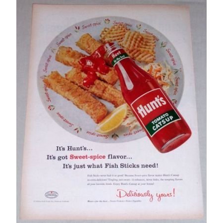 1956 Hunt's Tomato Catsup Fish Sticks Art Color Print Ad