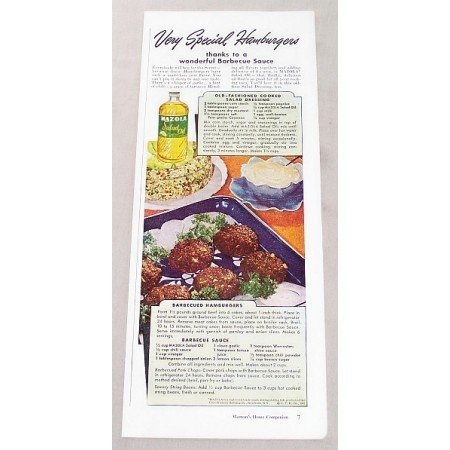 1947 Mazola Salad Oil BBQ Hamburgers Recipe Color Print Ad