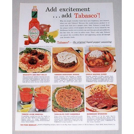 1961 Tabasco Pepper Sauce Color Print Ad - Add Excitement