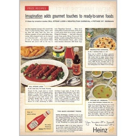 1959 Heinz Ketchup Dill Steak Logs Recipe Color Print Ad