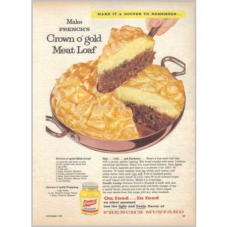 1959 French's Mustard Crown O Gold Meatloaf Recipe Color Print Ad