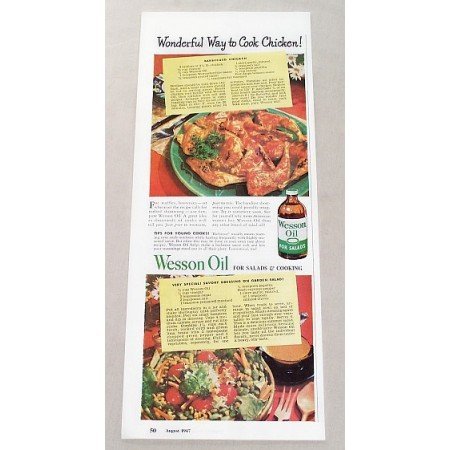 1947 Wesson Oil BBQ Chicken Recipe Color Print Ad