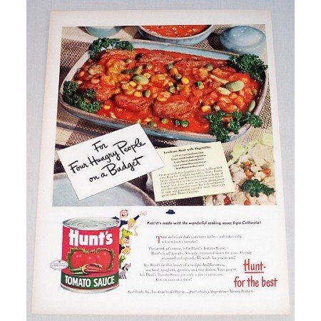 1948 Hunt's Tomato Sauce Meat and Veggie Recipe Color Print Ad