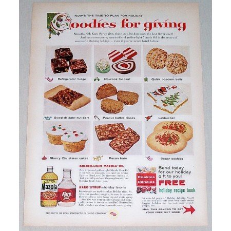 1957 Mazola Oil & Karo Syrup Color Print Ad - Goodies For Giving