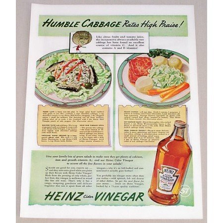 1942 Heinz Cider Vinegar Color Print Ad - Humble Cabbage