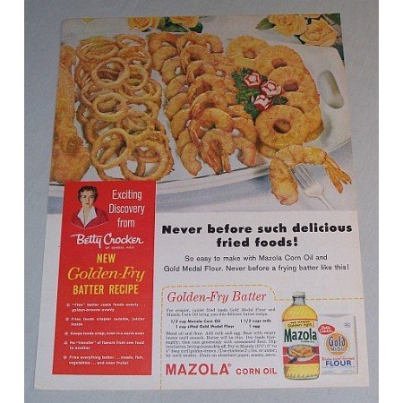 1958 Mazola Corn Oil Golden Fry Batter Recipe Color Print Ad