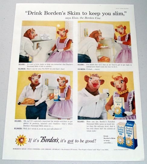 1958 Borden's Skimmed Milk Elsie The Borden Cow Color Print Ad